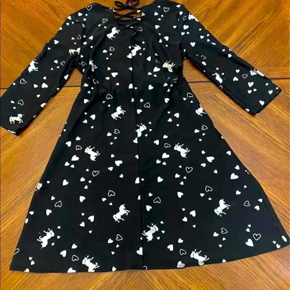 Girls Justice‎ Unicorn & Heart Long Sleeve Dress Size 12/14 Black & Silver